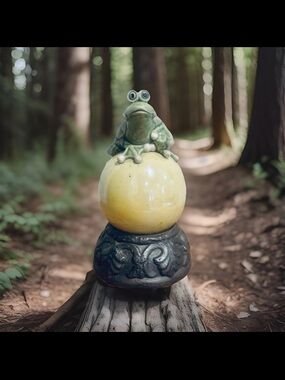 Rare Vintage Glazed Art Sculpture of Frog Perched On Iridescent Orb w/Base